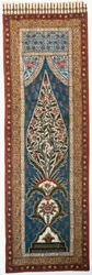 Ein bemalter und bedruckter Baumwoll-Kalimkari mit Papageien und weiteren Vögeln, die in den Zweigen eines blühenden, flammenförmigen Baumes sitzen