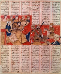 Kunst Iran (Persien): Miniatur eines Manuskripts des Shahnameh, König Bahram Gur tötet den Herrscher der Turanier. Manuskript von 1341. Private Sammlung.