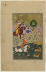 Bahram Gur jagt mit Azada, aus einem Khamsa, ca. 1580