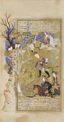 Bahram Gur ergreift die Königskrone zwischen zwei Löwen, um 1630