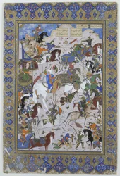 Schlacht zwischen Khusrau und Bahram Chubaina, aus dem Gedicht Layla und Majnun ursprünglich von Nizami, 1540