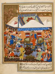 Bayazid I. wird nach der Schlacht von Ankara (1402) vor Timur gebracht, Illustration aus 