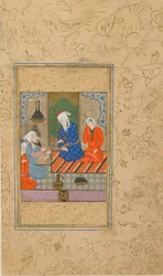 Seite aus einem Yusuf u Zulaykha von Jami; Zulaykha und ein älterer Mann hören einem Gespräch zu, möglicherweise Maschhad, Iran, ca. 1560-70