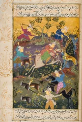 Jäger zu Pferd und zu Fuß töten Hirsch und Tiger