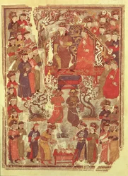 Genghis Khan und seine Frau Bortei auf dem Thron vor Höflingen, aus dem Buch Jami al Tawarikh von Rashid ad-Din