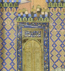 (Detail) Isfandiyar tötet Arjasp in der Bronzenen Festung, Illustration aus dem Shahnama (Buch der Könige), von Abul-Qasim Mansur Firdawsi (ca. 934-ca. 1020), 1444