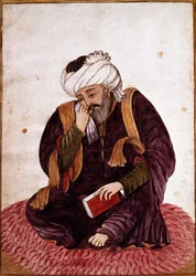 Porträt von Hafez, dessen wirklicher Name Khwajeh Chams ad-din Mohammad Hafez-e Chirazi (ad Din Mohammad Hafez e Chirazi) war, persischer Dichter und Mystiker des 14. Jahrhunderts. Miniatur. Nationalmuseum von Damaskus, Syrien.
