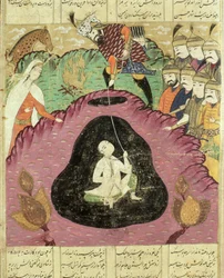 Rostam zieht Bijan aus der Höhle, Illustration aus dem Shahnama (Buch der Könige) von Abul-Qasim Manur Firdawsi