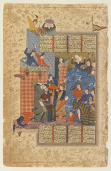 Rustam und seine Männer greifen Afrasiyabs Palast an aus einem Shahnama