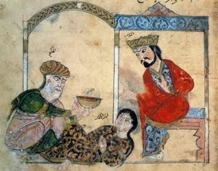 Der unwissende Arzt und die Königstochter. Miniatur aus „Kalila wa Dimna“ (Folio 78), östliche Fabel 1200-1220? Übersetzt von Ibn al-Mukaffa