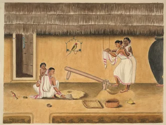 Frauen schälen Reis mit einem Dhenki, ca. 1840