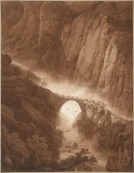 Die Teufelsbrücke in der Schöllenenschlucht auf dem Weg über den St. Gotthard Pass mit einem Maultierzug