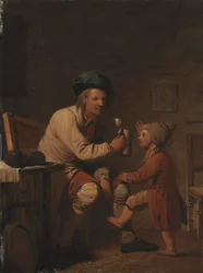 Ein Bauer gibt seinem Sohn etwas zu trinken