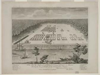 Ansicht von Savannah am 29. März 1734, graviert von P. Fourdrinier, London, um 1735