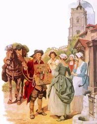 Hausierer des 18. Jahrhunderts, der seine Waren anbietet