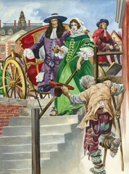 Ein alter Soldat bittet König Charles II., mit dem Chelsea Hospital im Hintergrund