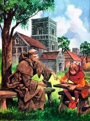 Junge beim Lernen in normannischer Zeit