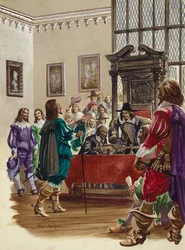 König Karl I. kommt ins Unterhaus, um die fünf Parlamentsmitglieder zu verhaften