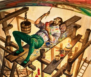 Michelangelo malt die Decke der Sixtinischen Kapelle in Rom