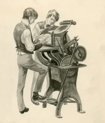 Die Gebrüder Wright als Jungen, die ihre Zeitung namens The Midget drucken. Originalkunstwerk für Treasure