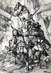 König Karl (oder Carl) XII. von Schweden (1682-1718) verteidigt sich gegen die Türken in Bender (Bendery) Februar 1713, Moldawien
