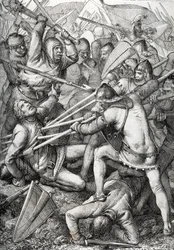Die Schlacht von Sempach, 9. Juli 1386, zwischen Leopold III., Herzog von Österreich, und der Alten Eidgenossenschaft, Zeichnung von Anton Ziegler