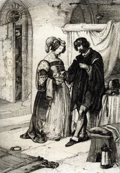 Der Graf von Essex Robert Devereux (1565-1601) zum Tode verurteilt wegen Verrats übergibt Elizabeth Howard, Gräfin von Nottingham und Ehrendame von Elisabeth I. von England, einen Ring als Treuepfand an die Königin