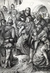 Die treuen Frauen von Weinsberg: Die Ehefrauen der im Weinsberger Belagerung von Konrad III. von Hohenstaufen 1140 besiegten Soldaten tragen ihre Ehemänner auf dem Rücken, Deutschland