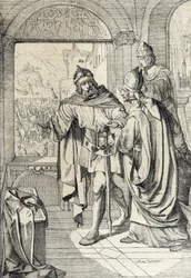 Die ersten Mitglieder der Habsburger Dynastie Radbot und der Bischof Werner zur Zeit des Baus der Habsburg in Aargau, Schweiz