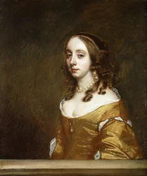Porträt einer Dame der Familie Popham, Halbfigur, hinter einem Fenster, in einem orangefarbenen Kleid