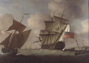 Ein Dritter Rang schließt sich ihrem Geschwader vor Elizabeth Castle, Jersey an
