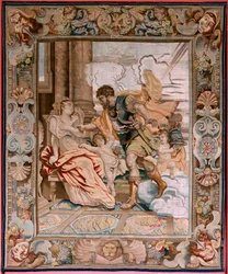 Flämischer Wandteppich. Serie Geschichte des Konsuls Decius Mus. Mars erscheint Rhea Silvia. Achter Wandteppich in der Serie. Modell P P Rubens. Herstellung Jan Raes II, Brüssel. Ca 1620-1629. Stoff Gold, Silber, Seide und Wolle.