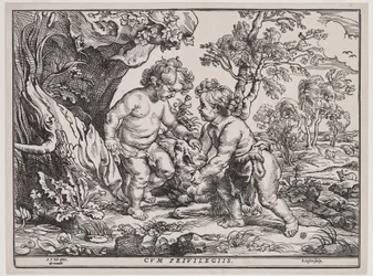 Christuskind und Johannes der Täufer spielen mit einem Lamm, Gravur von Christoffel Jegher (1596-1653), nach 1632