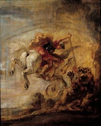 Bellerophon besteigt Pegasos durch seinen Speer die Chimäre. Gemälde von Pierre Paul Rubens (1577-1640)