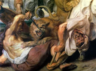 Löwenjagd, Detail von zwei Männern und einem Löwen, 1621