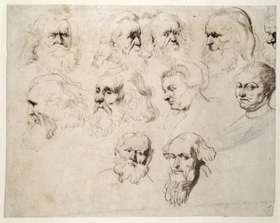 Sieben Studien des Kopfes eines älteren bärtigen Mannes, mit zwei weiteren von verschiedenen Männerköpfen und zwei von einer Frau, eine mit Mütze, ca. 1616