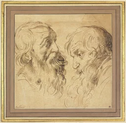 Zwei bärtige Köpfe im Profil nach rechts und links