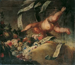 Putto mit Blumen, Früchten und Spruchband