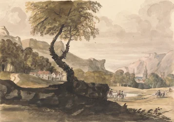 Hügelige Szene mit Dorf und Reiter