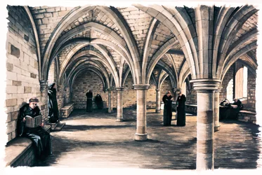 Mönche im Gemeinschaftsraum der Battle Abbey, East Sussex, 12. Jahrhundert, ca. 1990-2010