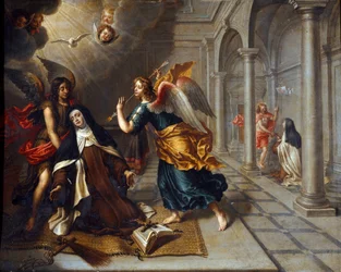 Die heilige Teresa von Ávila (vom Jesuskind) (1515-1582) trifft den Engel, der ihr Herz mit seinem goldenen Pfeil durchbohrt