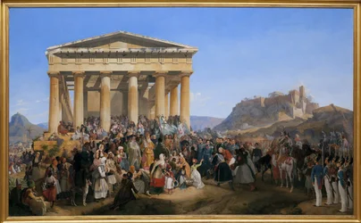 Der Einzug von König Othon I. von Griechenland (1815-1876) in Athen, begrüßt von der Menge vor dem Tempel des Hephaistos (Hephaisteion) oder Theseion auf der Agora