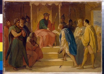 Der Großfürst Andrei Bogoljubski empfängt die Handwerker, die vom römisch-deutschen Kaiser Friedrich I. Barbarossa geschickt wurden