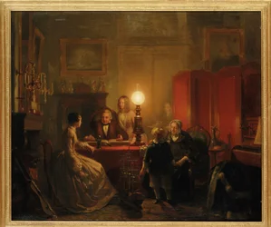 Eine Familie versammelt sich um einen beleuchteten Tisch, 1854