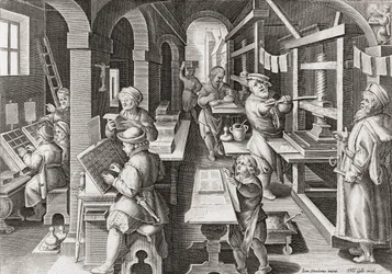 Eine europäische Druckerei um 1590 (Gravur)
