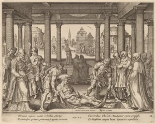 Andächtige Männer tragen den heiligen Stephan zu seiner Beerdigung