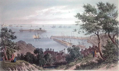 Die königliche Staffel vor Anker, 2. September 1846, aus dem Besuch von Königin Victoria in Jersey, graviert von H. Walter