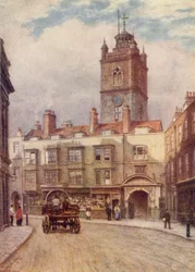 Turm der Kirche St. Giles, Cripplegate, und alte Häuser in der Fore Street, 1884