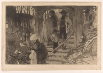 Bauern steigen eine Treppe hinunter (Baptême à Fribourg)
