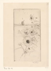 Sonnenblumen vor einer Weidelandschaft mit Pferden und Mühle